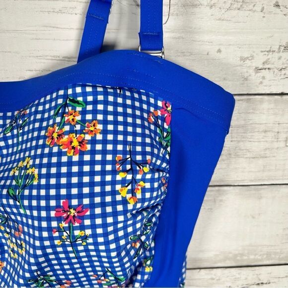 Lands' End Removable Strap Bandeau Tankini Blue Botanical Top Size 12 NEW - Picture 4 of 8